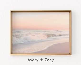 Beach Sunrise, Costal Wall Décor, Neutral White Waves Beach Wall Art, Minimalist Ocean Waves PRINTABLE, Pink Sky Sand Digital Download Art