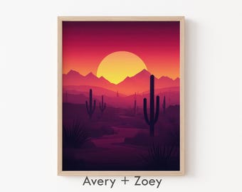 Red Sky Desert, Colorful Southwestern Wall Décor, Arizona Sunrise Sunset PRINTABLE Wall Art, Western Desert Cactus Digital Download Print