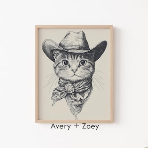 Cowboy Cat Illustration, Wild West Wall Décor, Kids Room Art Print, Vintage Cat PRINTABLE Wall Art, Western Cat Digital Download Print