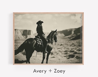 Vintage Cowgirl Photo, Black And White Wild West Art, Horse Wall Décor, Texas Cowgirl PRINTABLE, Rustic Western Digital Download Photograph