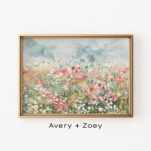 Spring Wildflower Field Landscape, Colorful Flower Art Print, Floral Watercolor PRINTABLE Wall Art, Flower Meadow Digital Download Painting