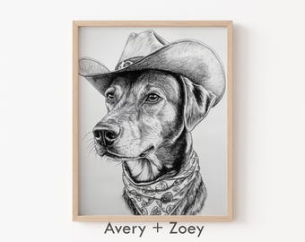 Cowboyhond illustratie, vintage wilde westen poster, print kinderkamer, westerse hond AFDRUKBAAR, zwart-wit western digitale download kunst aan de muur