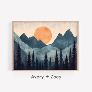 May include: A digital art print featuring a stylized landscape with a large orange sun setting behind a range of blue mountains. The mountains are silhouetted against the sun, and there is a forest of dark green trees in the foreground.