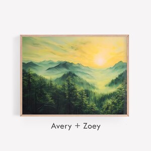 May include: A painting of a misty forest scene with a yellow sky and a sun rising over the mountains in the distance.