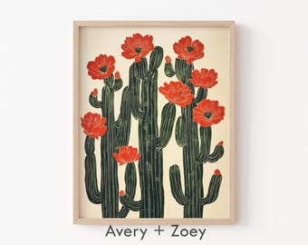 Cactus Flowers, Mid Century Modern Mexico Wall Décor, Trendy Cactus Botanical PRINTABLE, Boho Southwestern Floral Digital Download Wall Art