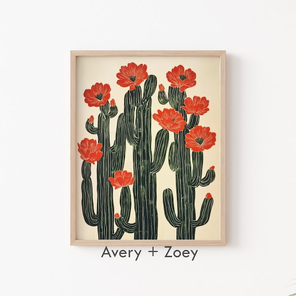 Cactus Flowers, Mid Century Modern Mexico Wall Décor, Trendy Cactus Botanical PRINTABLE, Boho Southwestern Floral Digital Download Wall Art