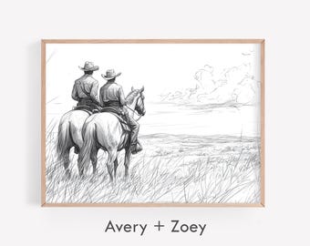 Cowboy Drawing II, Cowboys On Horses Sketch Wall Décor, Neutral Horse Drawing PRINTABLE, Black And White Southwest Digital Download Wall Art