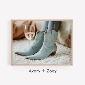 Blue Cowgirl Boots Rosé Landscape, Preppy Wine Print, Bar Cart PRINTABLE, Modern Fashion PRINTABLE, Trendy Girly Digital Download Wall Art
