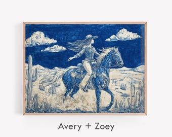 Cowgirl On Horseback Landscape, Blue And White Southwestern Wall Décor, Retro Wild West PRINTABLE, Vintage Texas Digital Download Art Print