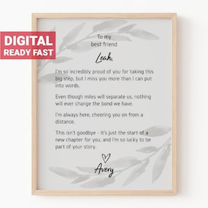 Regalo imprimible personalizado para amigas a distancia, regalo de despedida personalizado para mejores amigas, poema de almas gemelas, arte de pared digital descargable, n.° 1035a