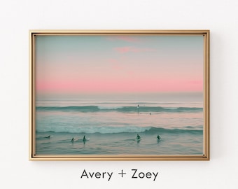 Paisaje de surf al atardecer, arte mural costero, impresión playera contemporánea con cielo colorido, arte imprimible de la costa de California, impresión digital de playa