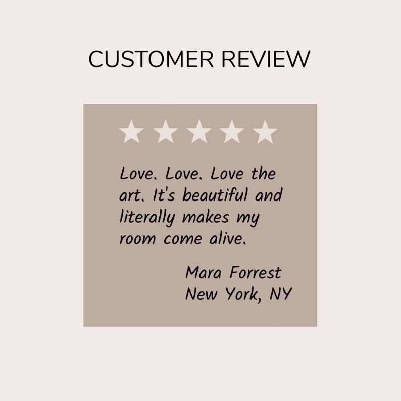 May include: A customer review with a five-star rating and the text "Love. Love. Love the art. It's beautiful and literally makes my room come alive."  The review is attributed to Mara Forrest, New York, NY.