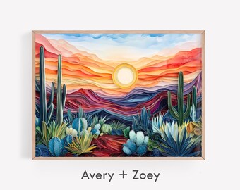 Colorful Desert Landscape, 3D Effect Arizona Landscape PRINTABLE, Boho Farmhouse Desert Wall Décor, Saguaro Cactus Digital Download Print