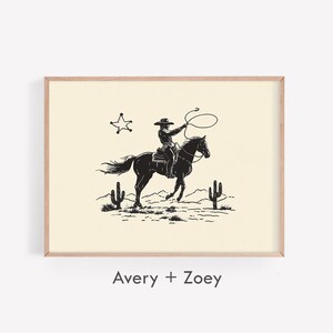 Neutral Rodeo Drawing, Cowboy Western Wall Décor, Retro Cowboy On Horse PRINTABLE Art, Western Rodeo Illustration Digital Download Wall Art