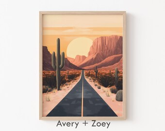 May include: A desert landscape with a long, straight road leading into the distance. The road is lined with cacti and the sky is a vibrant orange and yellow. The sun is setting in the distance, casting long shadows across the scene.