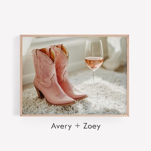 Pink Cowgirl Boots Rosé Landscape, Trendy Wine Print, Girly Bar Cart Wall Art, Trendy Fashion PRINTABLE, Pink Preppy Digital Download Art