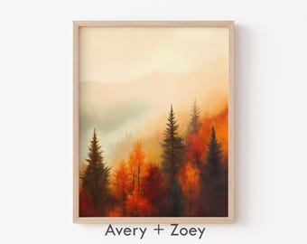 Autumn Mountain Sunrise, Rustic Landscape, Morning Forest Landscape, Colorful Forest PRINTABLE Art, Fall Pine Tree Digital Download Print