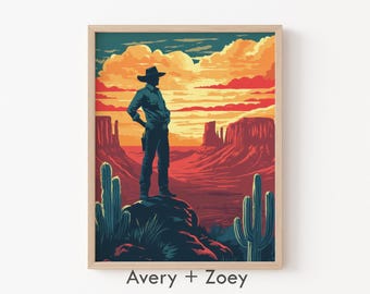 Retro Cowboy Poster, Mid Century Modern Western Wall Décor, Vintage Texas Desert PRINTABLE Art, Rustic Cowboy Digital Download Art Print