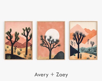 Joshua Tree set van 3, halverwege de eeuw moderne woestijn wanddecoratie, Boho Desert AFDRUKBARE kunst, California National Park digitale download print