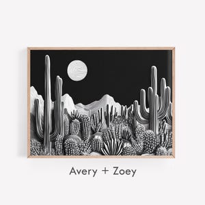 Night Cactus Landscape, Modern Cactus Wall Décor, Southwestern Saguaro PRINTABLE, Modern Black And White Desert Moon Digital Download Art