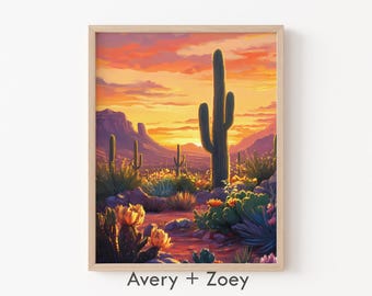 Jardín del desierto I, decoración de pared con cactus del desierto de Arizona, arte bohemio del suroeste para imprimir, impresión digital con paisaje de saguaro vintage