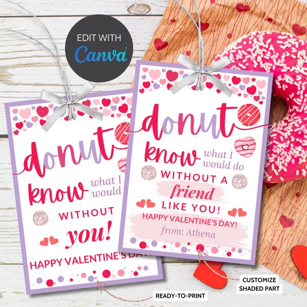 Dunkin Donut Valentine Printable Tag | I Donut Know What I Would Do Without You | Valentine Favor Tags | Friend Like You | Donut Stickers
