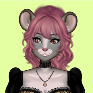 May include: Digital illustration of a mouse-like character with pink hair and large ears. The character wears a black choker, a silver necklace with a pink pendant, and a black and gold dress. The background is a light green color.