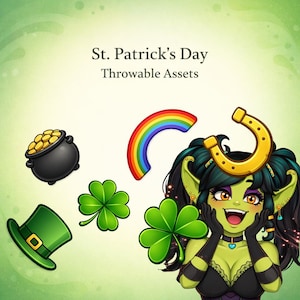 Puede incluir: Ilustración con temática del Día de San Patricio. Incluye una olla negra de oro, un sombrero de copa verde, un arcoíris, una herradura y tréboles verdes. La imagen también presenta un personaje de piel verde con cabello negro.