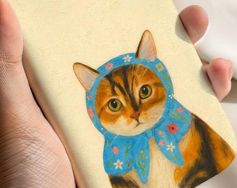 Bonita funda de gato con bufanda, acogedora funda para iPhone con estética invernal, funda de gato kawaii, accesorio para teléfono estilo cottagecore, regalo para amantes de los gatos.