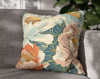 Funda de cojín floral japonesa, funda de cojín con estampado vintage de peonías, cojín decorativo de imitación de ante, regalo de decoración oriental botánica para el hogar