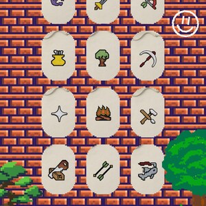 Puede incluir: Imagen pixelada con varios iconos sobre fondos blanquecinos, incluyendo un ancla, espada, arco y flecha, y m&aacute;s. El texto dice "&iexcl;Echa un vistazo a toda la colecci&oacute;n!" y "&iexcl;M&aacute;s habilidades disponibles en mi tienda!" sobre un fondo de ladrillos y piedra.
