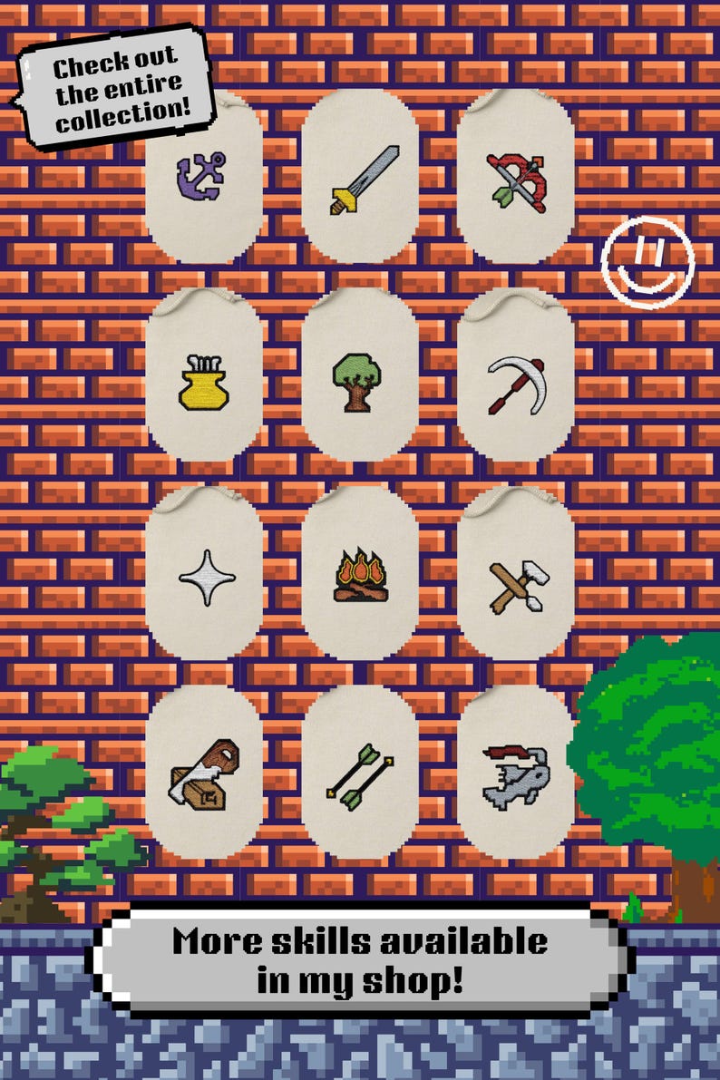Puede incluir: Imagen pixelada con varios iconos sobre fondos blanquecinos, incluyendo un ancla, espada, arco y flecha, y m&aacute;s. El texto dice "&iexcl;Echa un vistazo a toda la colecci&oacute;n!" y "&iexcl;M&aacute;s habilidades disponibles en mi tienda!" sobre un fondo de ladrillos y piedra.