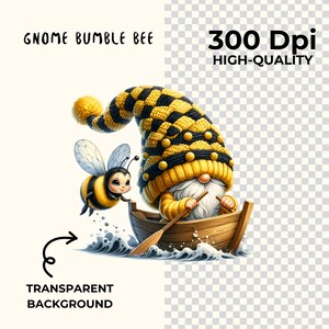 May include: A gnome wearing a yellow and black striped hat with a bee design rows a small wooden boat on a blue and white wave. The gnome has a white beard and is holding a wooden oar. The bee is flying next to the boat.