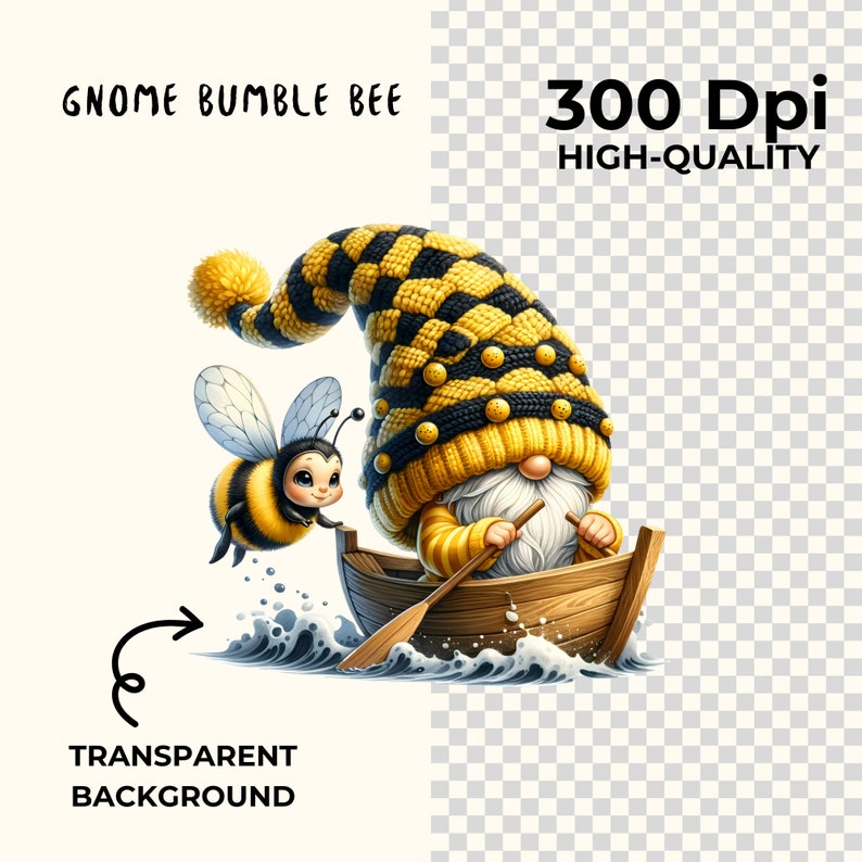 May include: A gnome wearing a yellow and black striped hat with a bee design rows a small wooden boat on a blue and white wave. The gnome has a white beard and is holding a wooden oar. The bee is flying next to the boat.