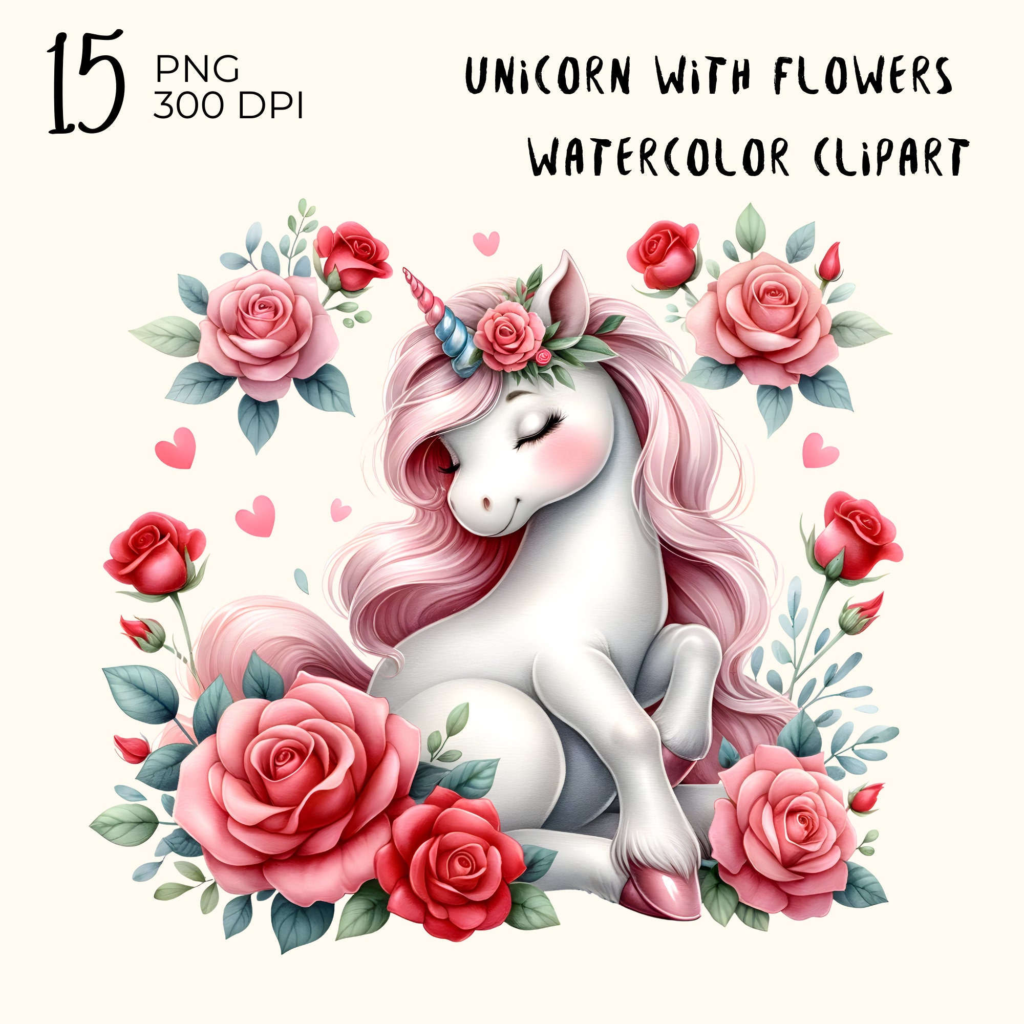 Watercolor Unicorn Clipart: Cute Unicorn With Flowers, PNG Files ...