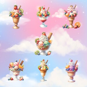 May include: Six colourful ice cream sundaes with various toppings, including fruit, whipped cream and chocolate sauce, are displayed against a pastel pink and blue background.