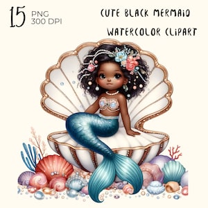 15 fichiers PNG : jolie sirène noire, ensemble de cliparts sirènes aquarelle, sirène png, mignon afro sirène Clipart png, mignons animaux marins PNG