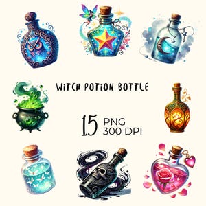 15 PNG : Witch Potion Bottle clipart, Watercolor Halloween Spooky, Watercolor Halloween Magical Elixir Fantasy Bottles, Potion Images