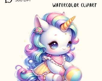 Watercolor Baby Unicorn Clipart: Kawaii PNG Files (Digital Download)