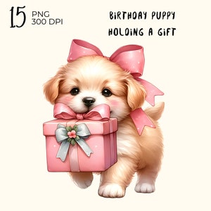 15 file PNG: cucciolo di compleanno che tiene un regalo, cucciolo acquerello, cucciolo png, cane carino acquerello, animale carino png, clipart cucciolo