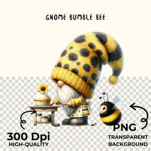 May include: A gnome wearing a yellow and black polka dot hat bakes a cupcake with a sunflower on top. A yellow and black bumblebee sits nearby.  "Gnome Bumble Bee" and "PNG Transparent Background" are written on the image.