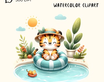 かわいい夏の動物クリップアート：水彩画風PNGファイル（デジタルダウンロード）