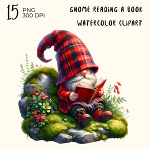 Watercolor Gnome Reading Book: PNG Clipart Set (Digital Download)