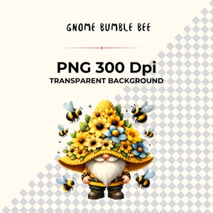 May include: A gnome wearing a yellow hat with sunflowers and blue flowers. The gnome is wearing a yellow shirt and black pants. There are bees flying around the gnome.