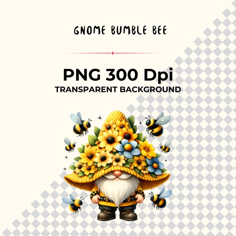 May include: A gnome wearing a yellow hat with sunflowers and blue flowers. The gnome is wearing a yellow shirt and black pants. There are bees flying around the gnome.