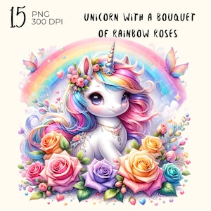 15 PNG Dateien: Einhorn mit Strauß Regenbogen Rosen, Einhorn Clipart, Einhorn Png, Aquarell Png Clipart Einhorn, Digital Download