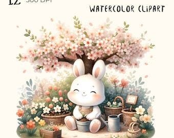 12 PNG Files : Little Bunny's Garden Watercolor clipart, Watercolor png clipart, Digital Download, Card Making, Digital Paper Craft and more