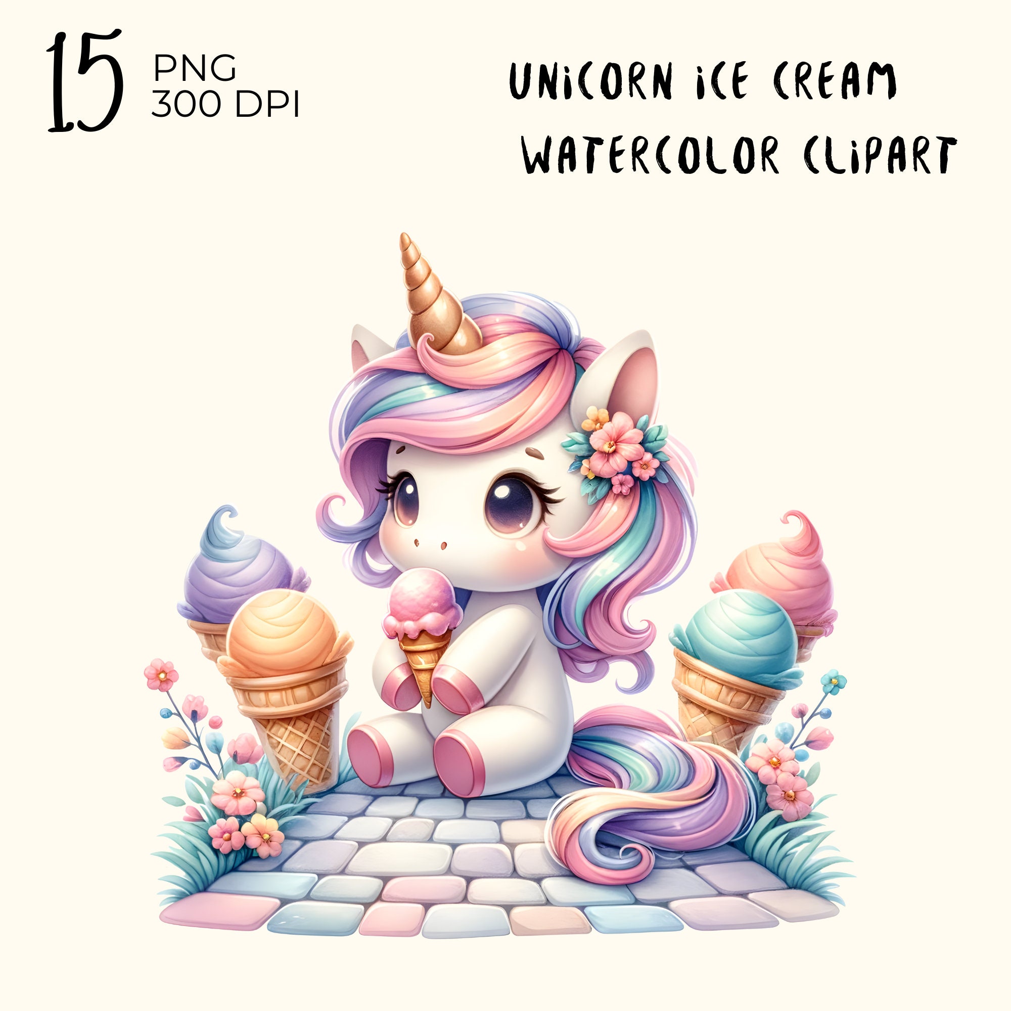 Unicorn Ice Cream PNG Clipart: Summer Kawaii Graphics (digital Download ...