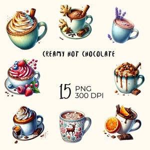15 png: romige warme chocolademelk, vakantie warme chocolademelk clipart, kerstkoffiemokken, wenskaarten, uitnodigingen, tijdschriften, plakboeken, png