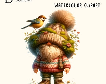 Gnome and Bird Watercolor Clipart: Summer PNG Files (Digital Download)